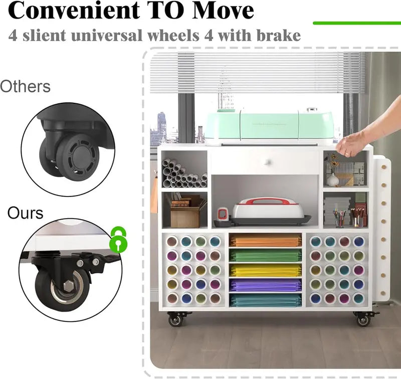 Rolling Craft Storage Cart For Cricut Machines With 48-Spool Vinyl Holder, 41.93 x 14.2 x 31.1 Inches