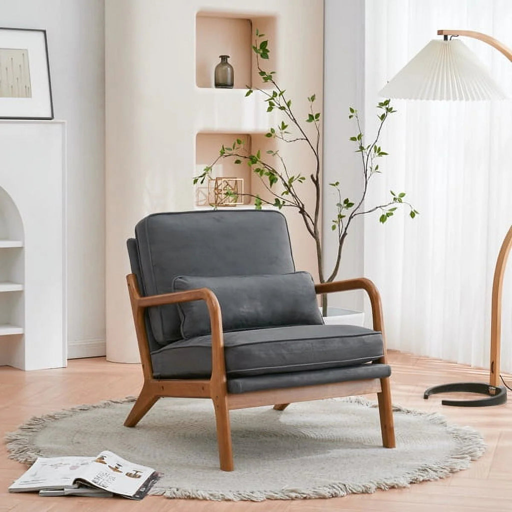 Linen Accent Lounge Chair With Solid Wood Frame, 25.6in D x 34.6in W x 36.6in H