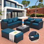 Rattaner 6-Piece Outdoor Patio Conversation Set With Cushions, Covers And Coffee Table - Peacock Blue