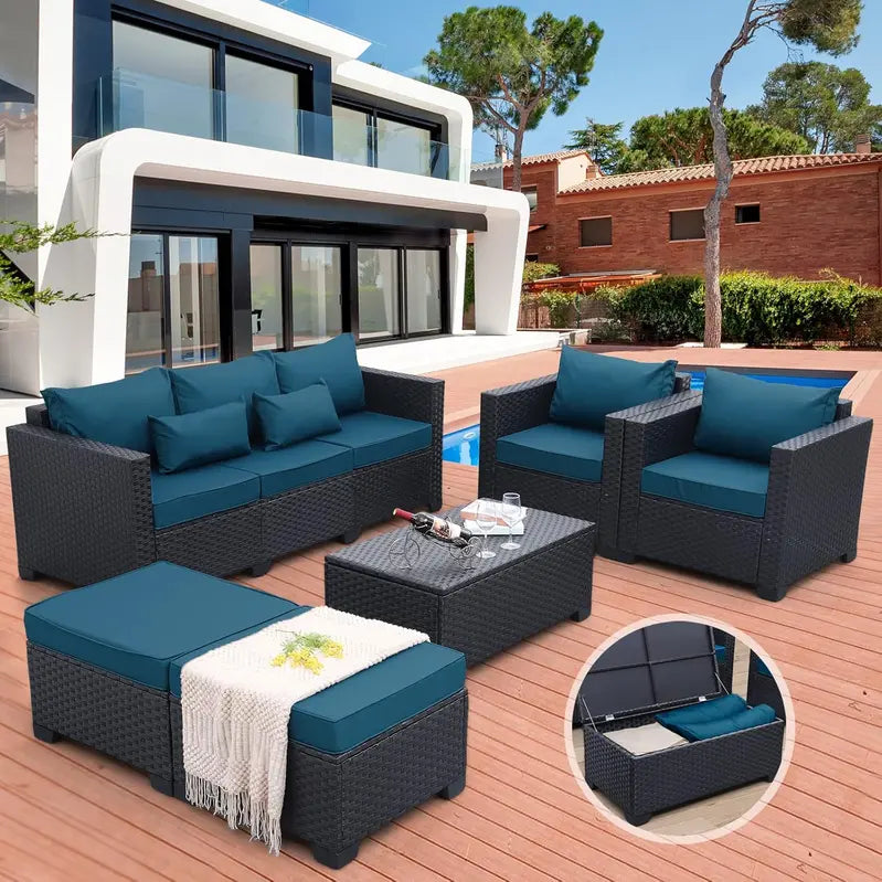 Rattaner 6-Piece Outdoor Patio Conversation Set With Cushions, Covers And Coffee Table - Peacock Blue