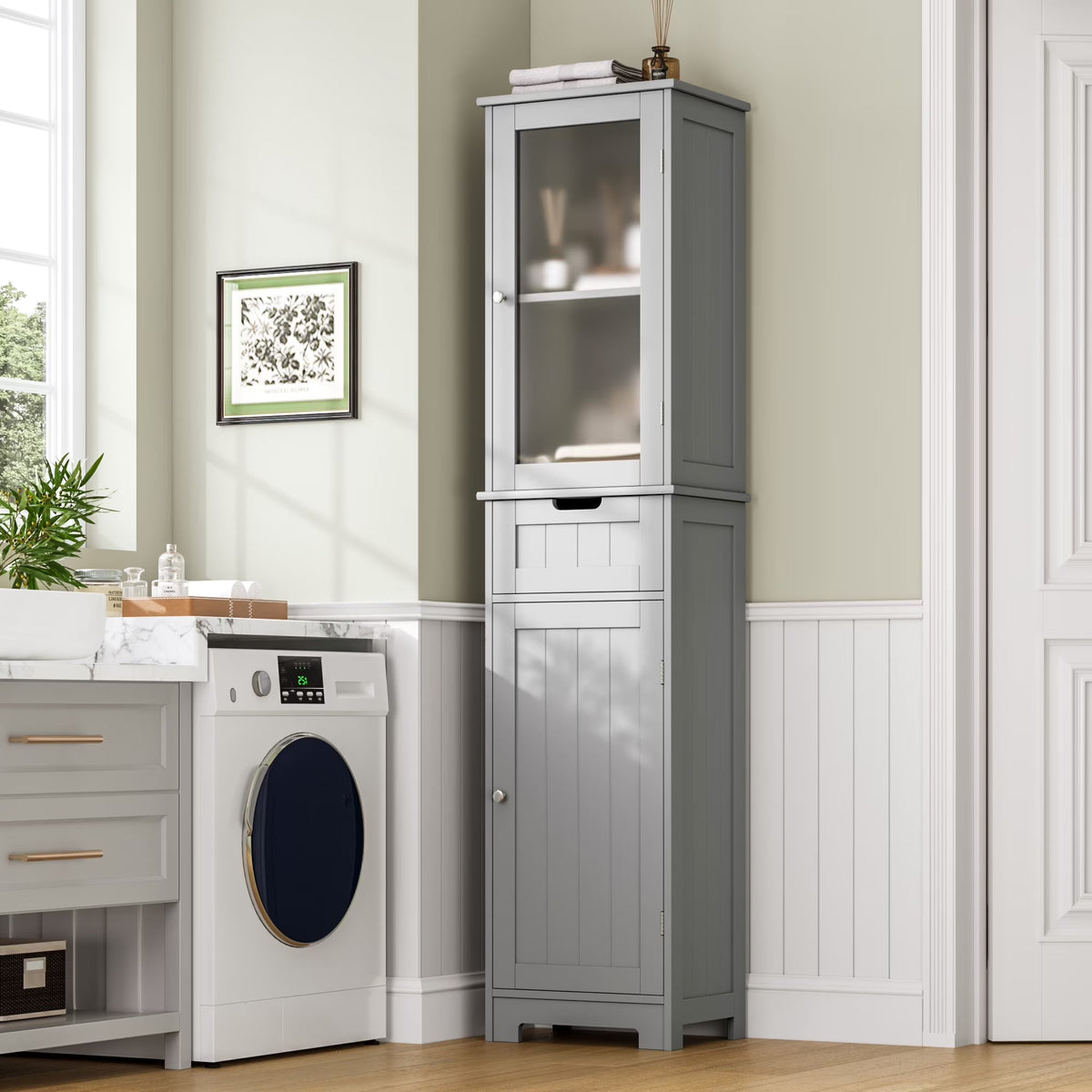 Homfa Tall Narrow Bathroom Storage Cabinet With Door And Drawer, 15.7in L x 11.8in W x 67in H, White