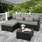 Rattaner 3-Piece Patio Furniture Set With Ottoman And Outdoor Storage Table - Black Wicker, Grey Cushions