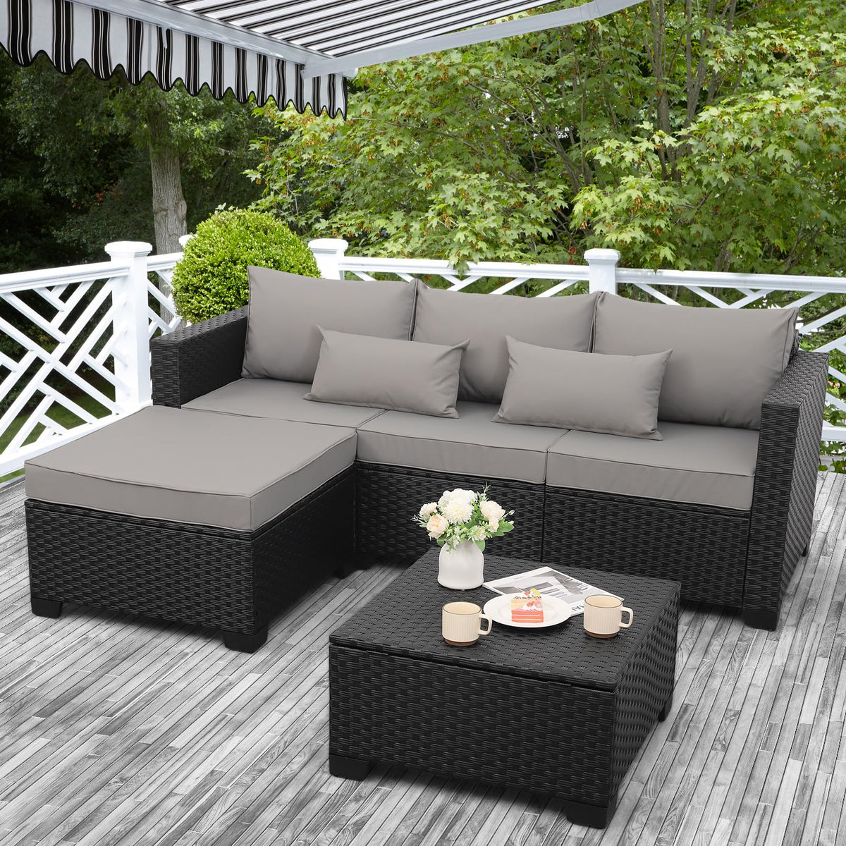 Rattaner 3-Piece Patio Furniture Set With Ottoman And Outdoor Storage Table - Black Wicker, Grey Cushions