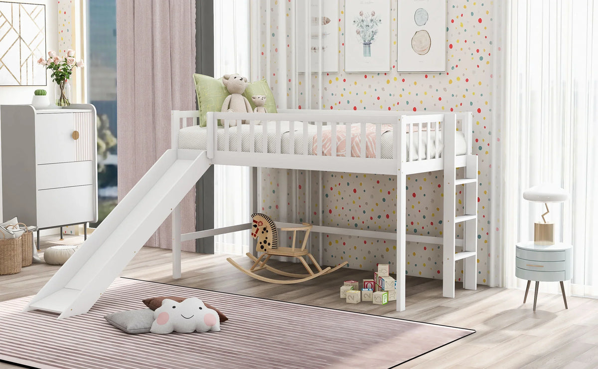 Twin Size Low Loft Bed With Slide And Ladder, White