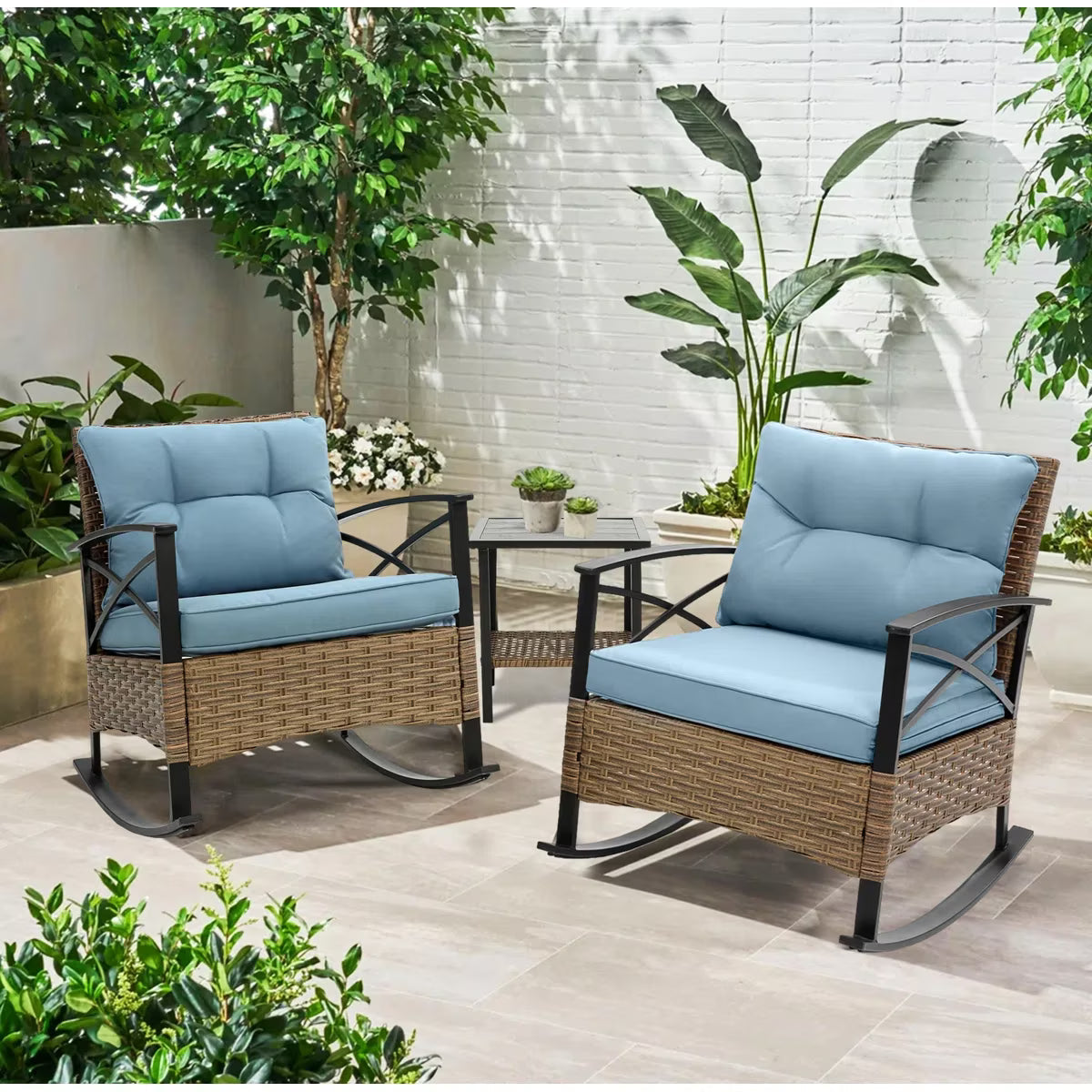 Seizeen 3-Piece Patio Conversation Set With Rocking Chairs And 2-Tier Coffee Table