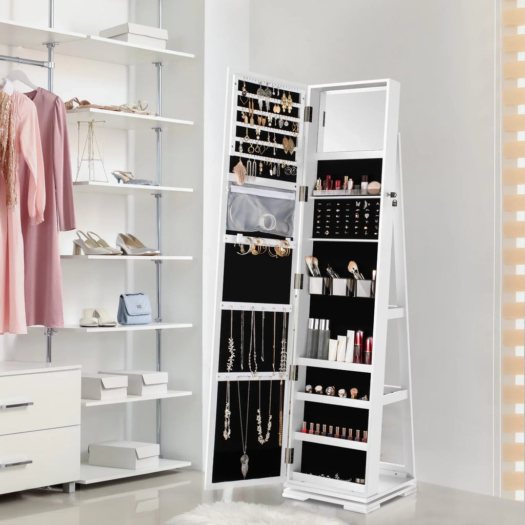 Dextrus 360 Degree Swivel Lockable Jewelry Cabinet With Full-Length Mirror And Rear Storage Shelves - White