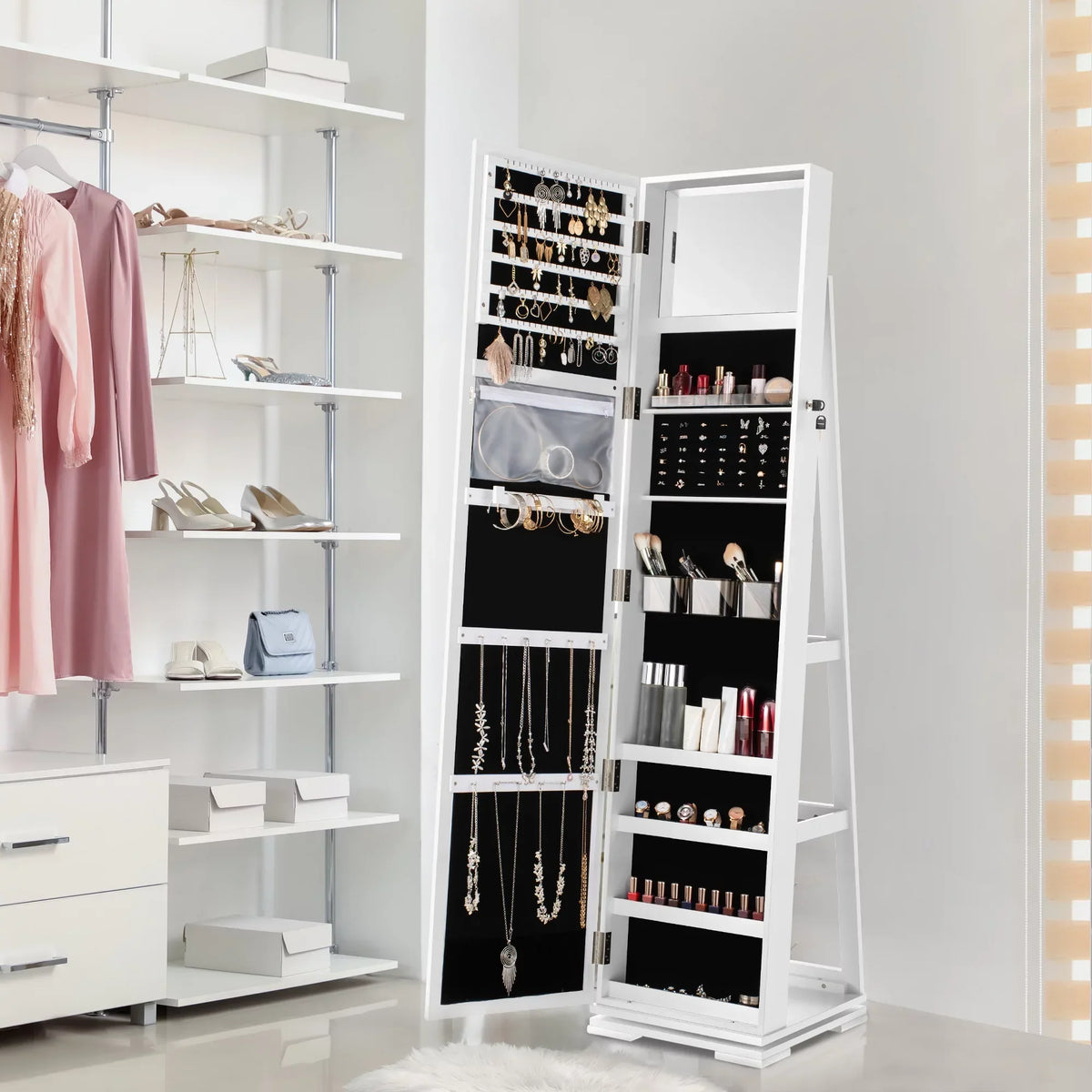 Dextrus 360 Degree Swivel Lockable Jewelry Cabinet With Full-Length Mirror And Rear Storage Shelves - White