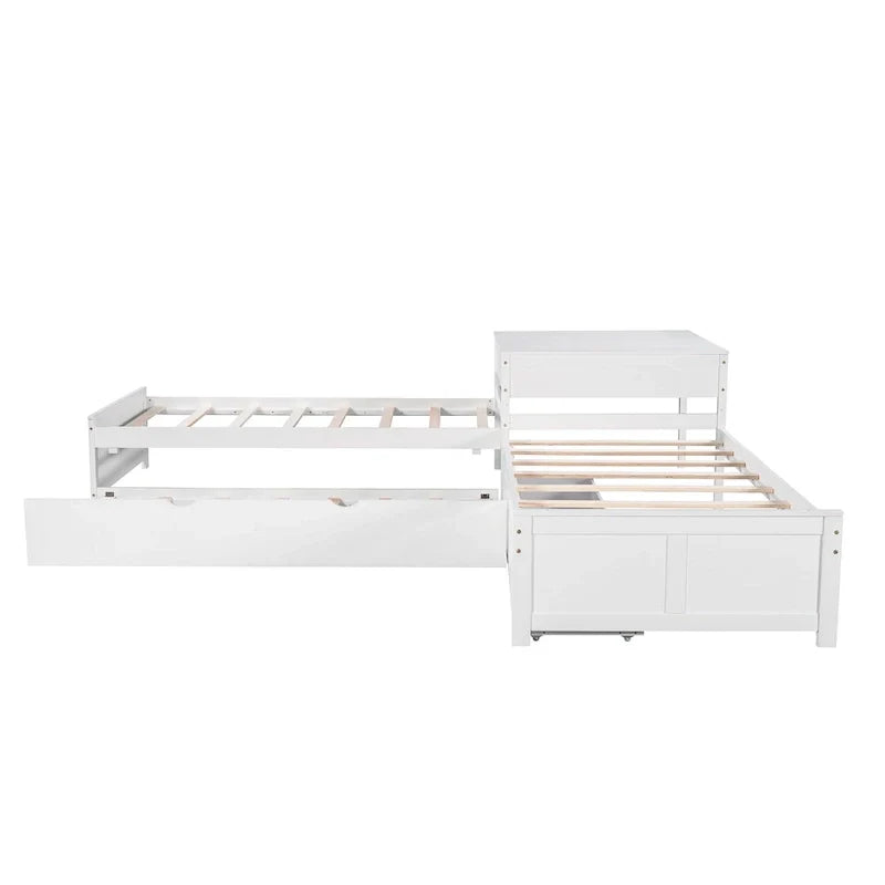 White Twin Size L-Shaped Platform Bed With Trundle And 2 Drawers