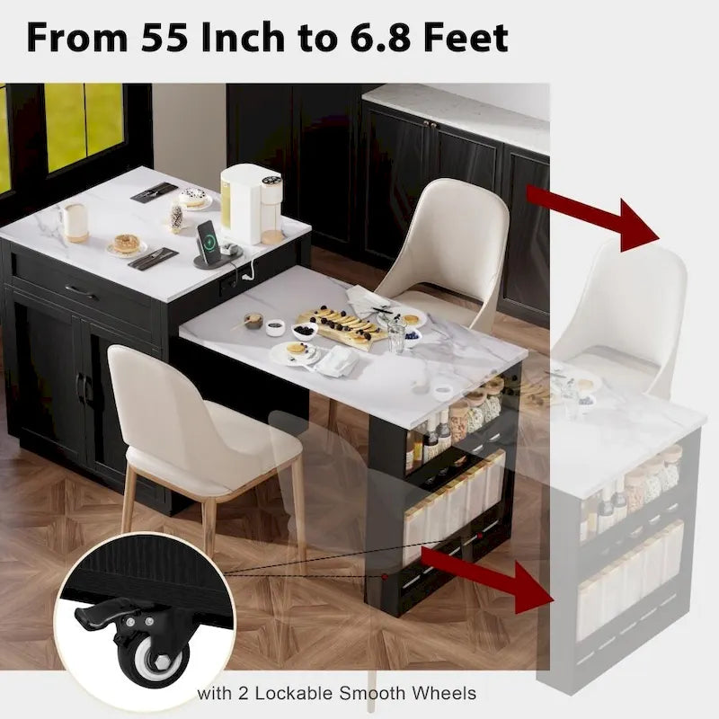 82.7 Wooden Kitchen Island With Extendable Dining Table And Double-Sized Storage