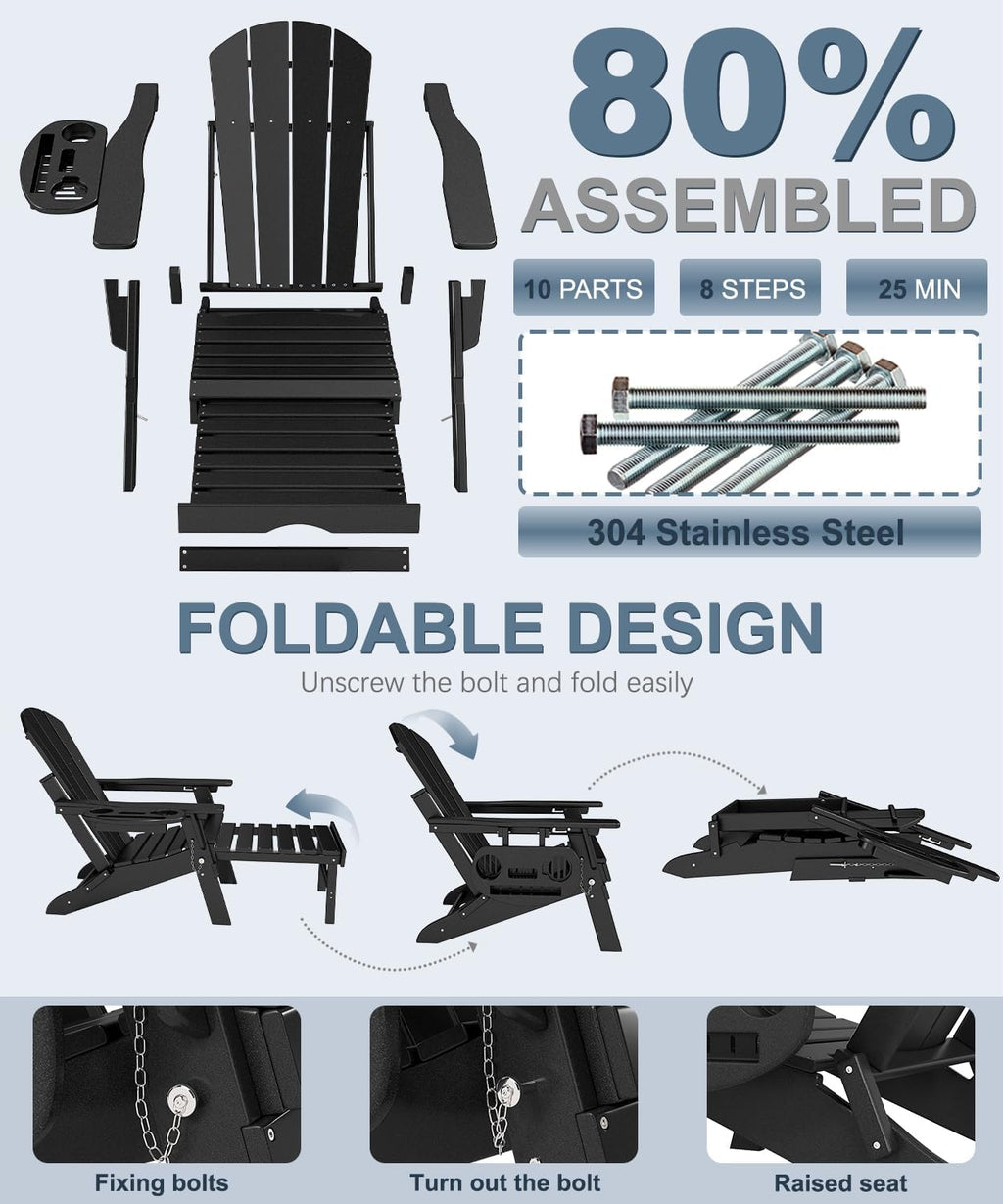 NAVINE Adjustable Folding Adirondack Chair Set Of 2 With Retractable Ottoman, Cup Holder And HDPE