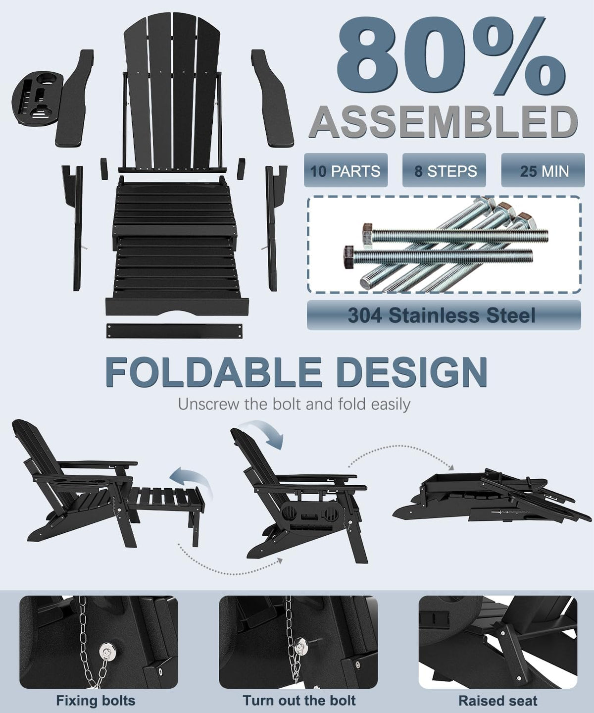 NAVINE Adjustable Folding Adirondack Chair Set Of 2 With Retractable Ottoman, Cup Holder And HDPE