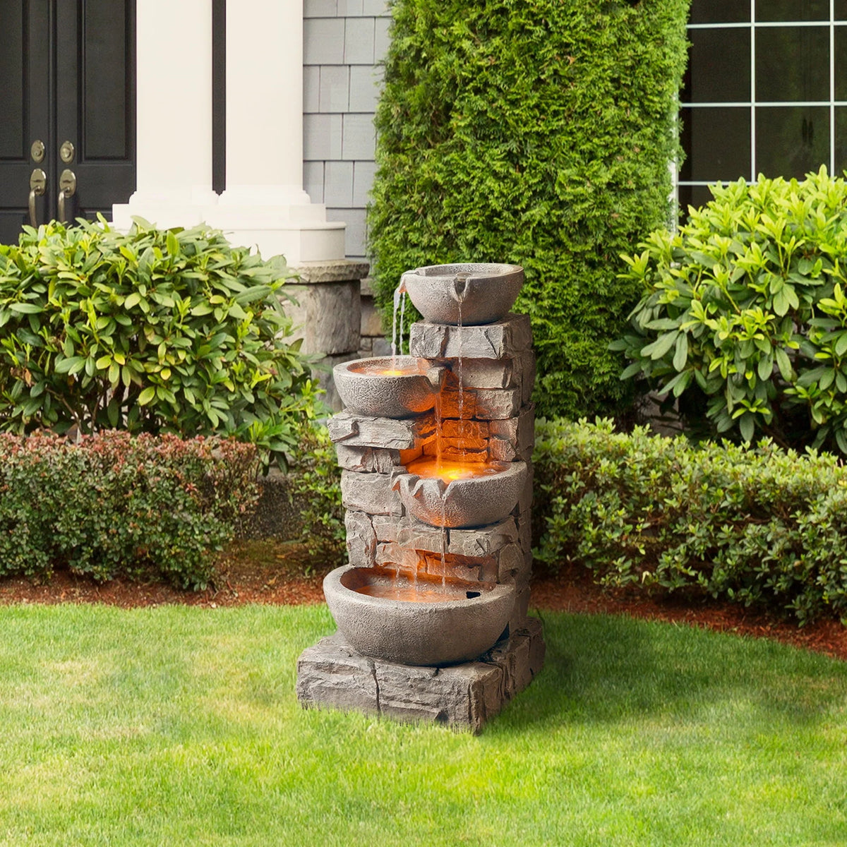 Teamson Home Outdoor Stacked Stone Tiered Water Fountain With LED Lights, Gray - 33.25in
