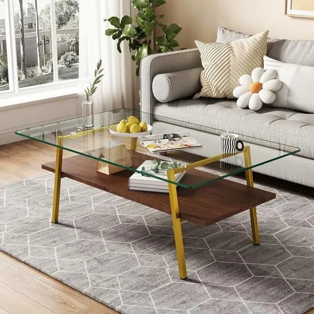 MQLIFEBOOM 2 Tier Rectangle Coffee Table With Tempered Glass Top And Wood Center Table