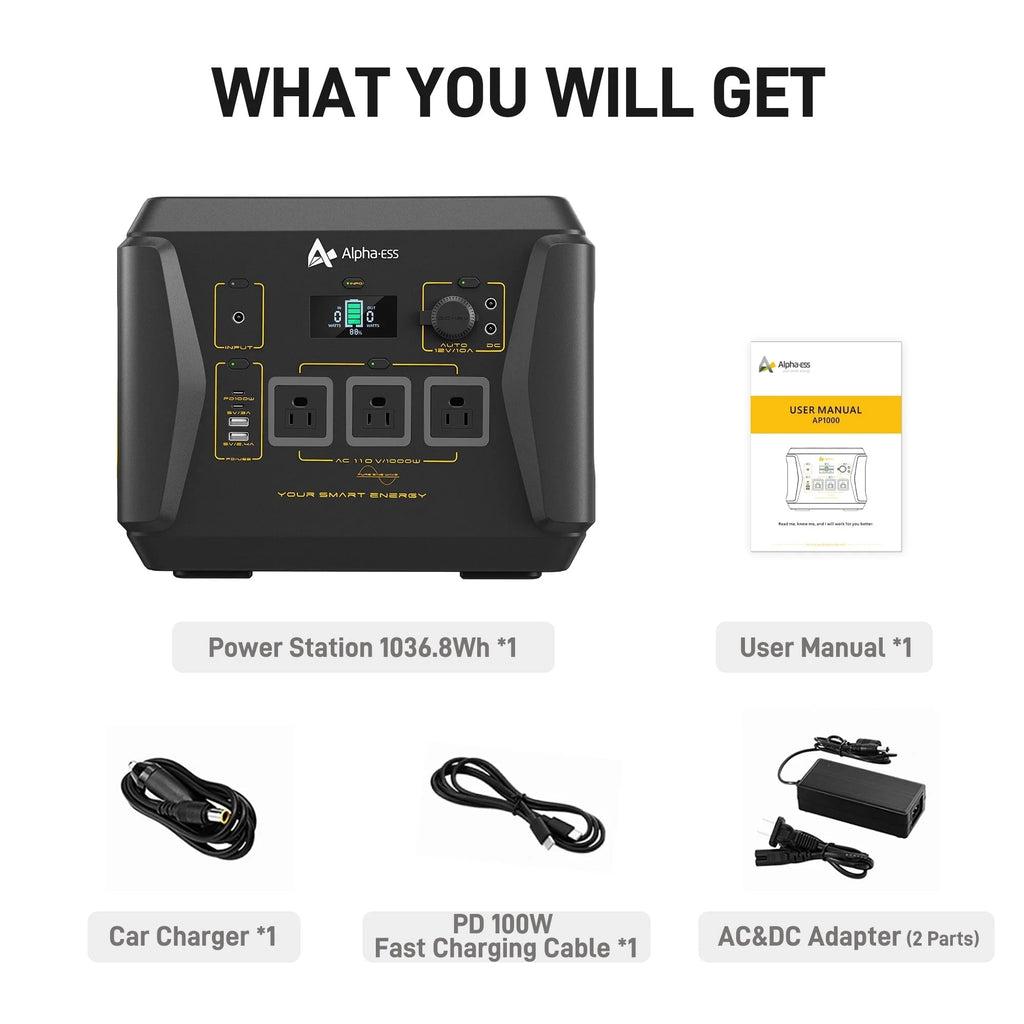 AlphaESS Portable Power Station 1036Wh, 1000W AC Output, 2000W Peak - AP1000