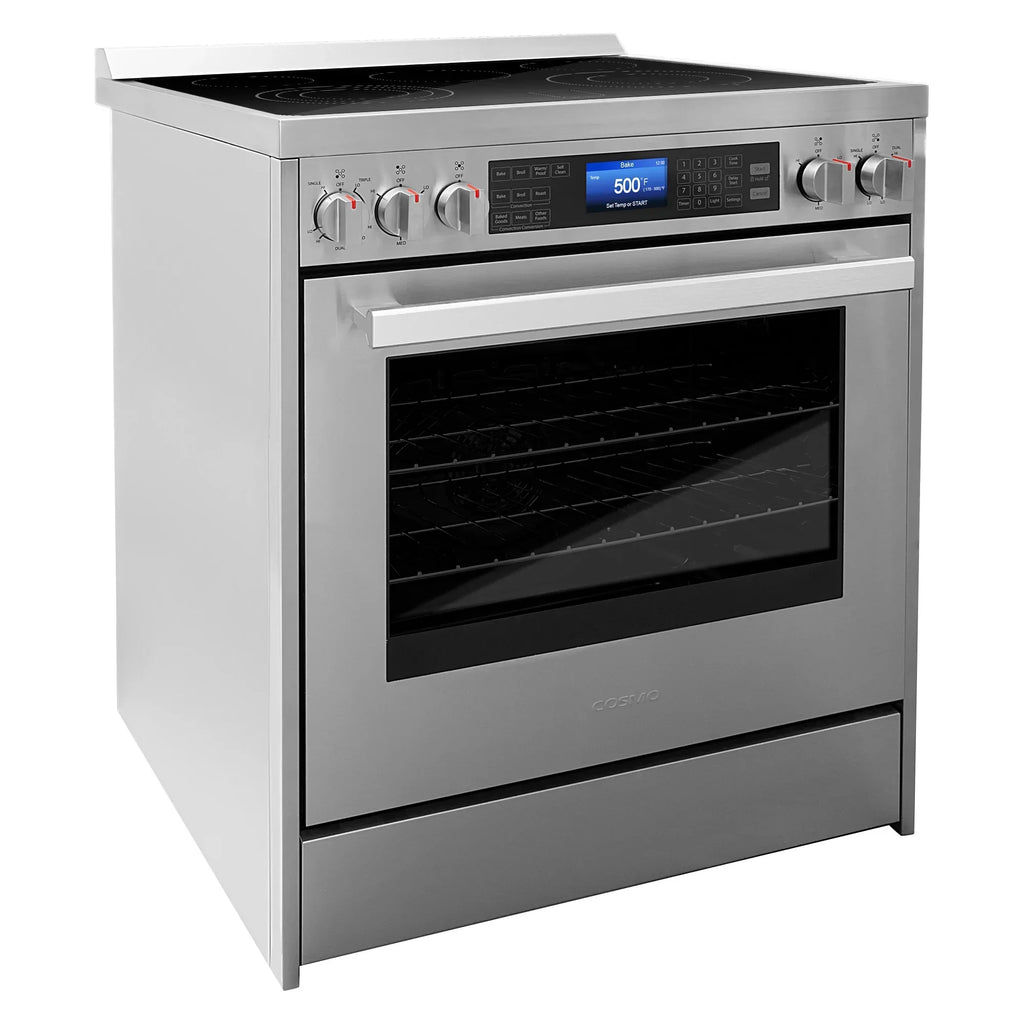 Cosmo 4-Piece Kitchen Appliance Package With 30 in Electric Range, 30 in Wall Mount Hood, 24 in Dishwasher And French Door Refrigerator