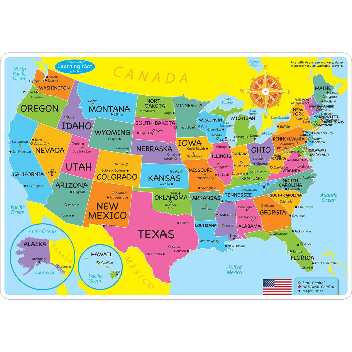 Ashley Productions US Map Learning Mats, Double-Sided, 12 x 17 inch, 10 Pack