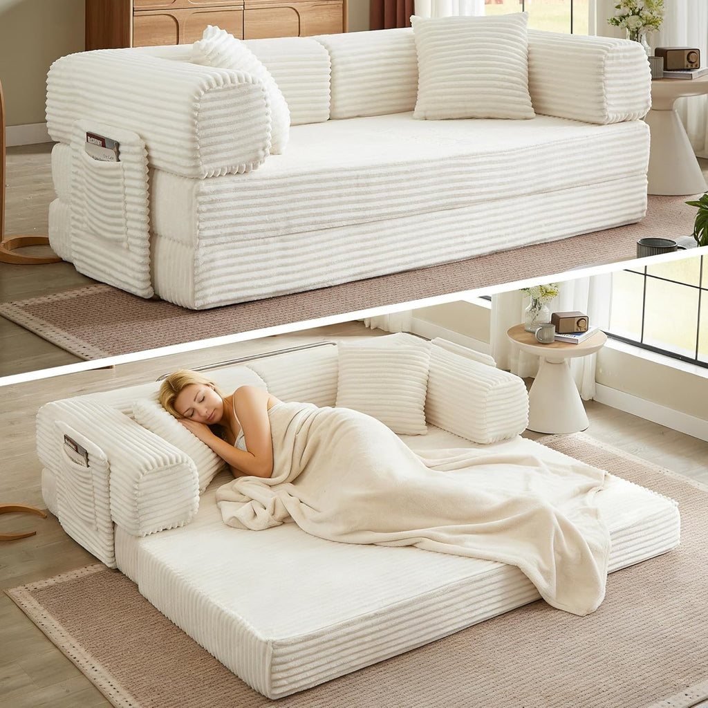 Boneless Folding Futon Sofa Bed, Fixed-Shape Corduroy Upholstered, White, 81 Inches