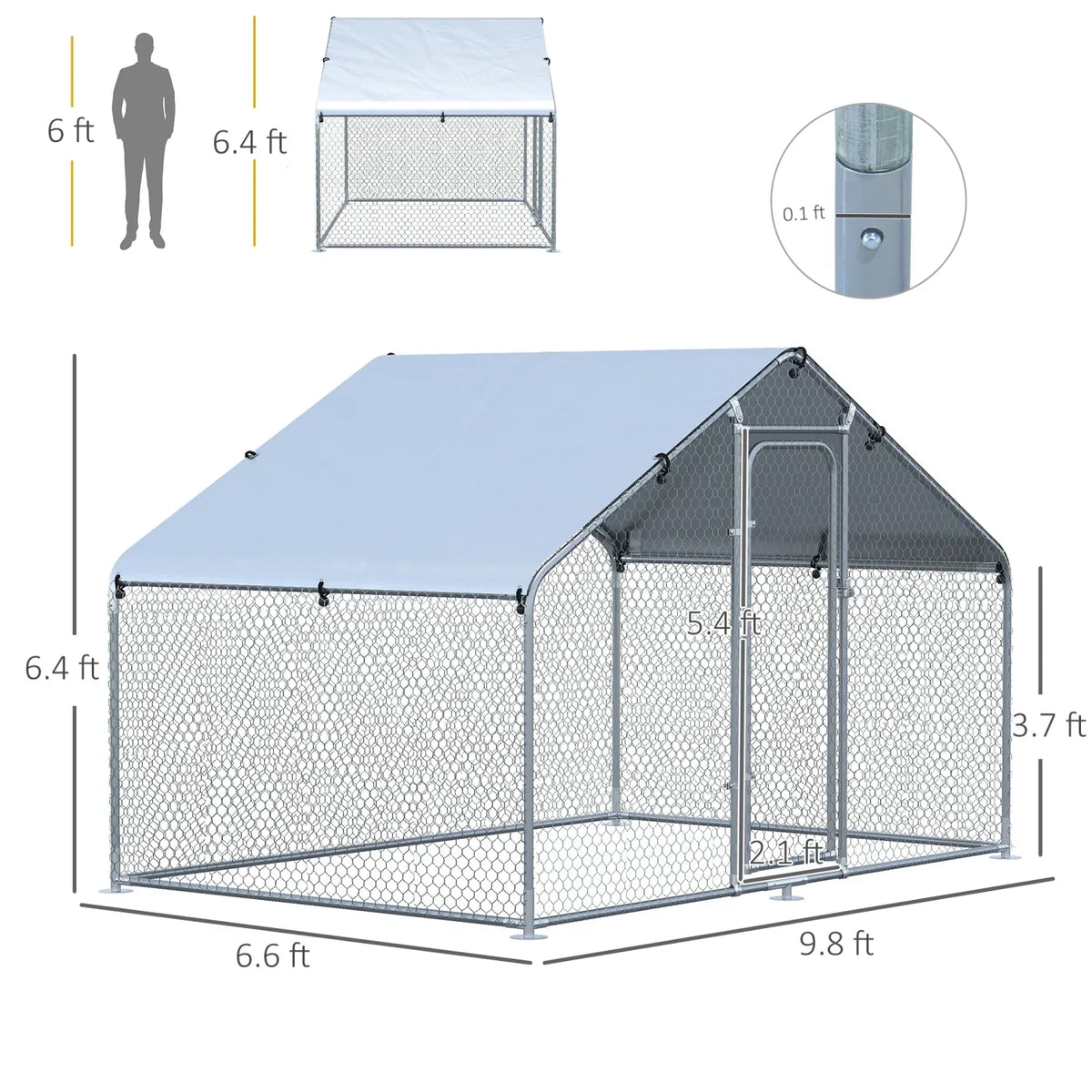 PawHut Walk-In Chicken Coop Run With Waterproof Anti-UV Cover - 9.8' x 6.6' x 6.4', 1.26 in Tube Diameter