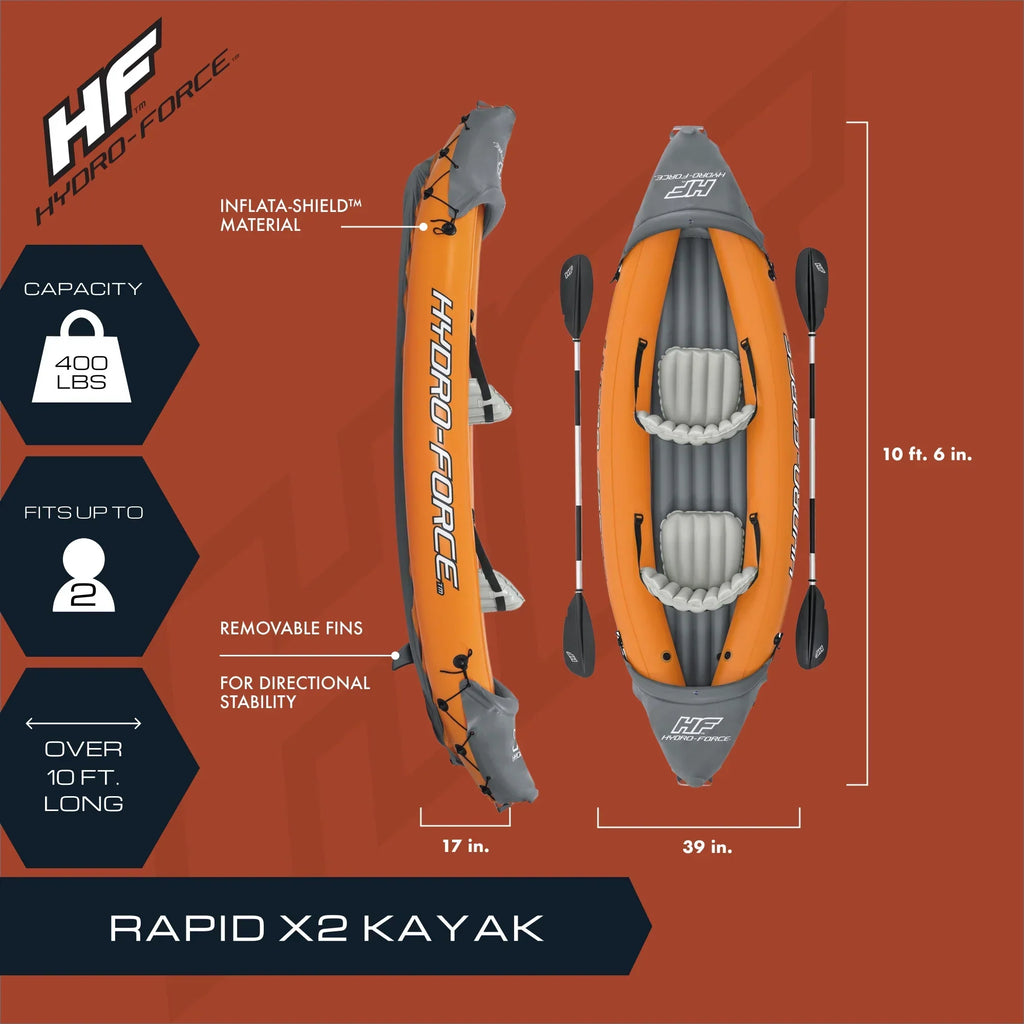 Bestway Inflatable Kayak Set With 2 Seats, Orange And Black - Hydro Force Lite Rapid X2
