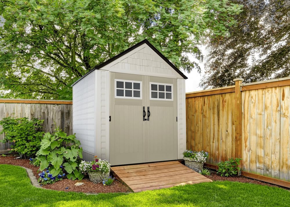 Rubbermaid Resin Outdoor Storage Shed With Floor, 7x7 ft, Gray
