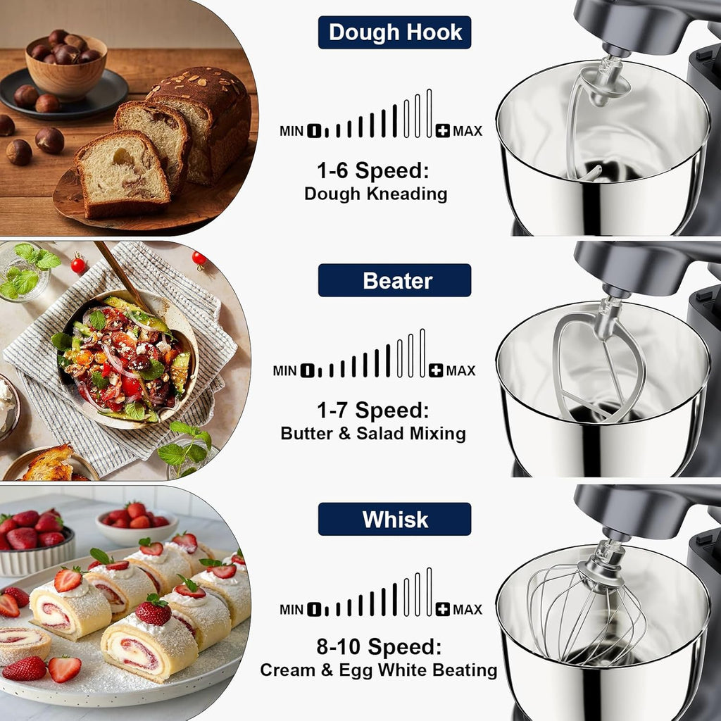 Camic Stand Mixer, 4.2QT + 5.3QT Stainless Steel Bowls, 10 Speeds - Grey