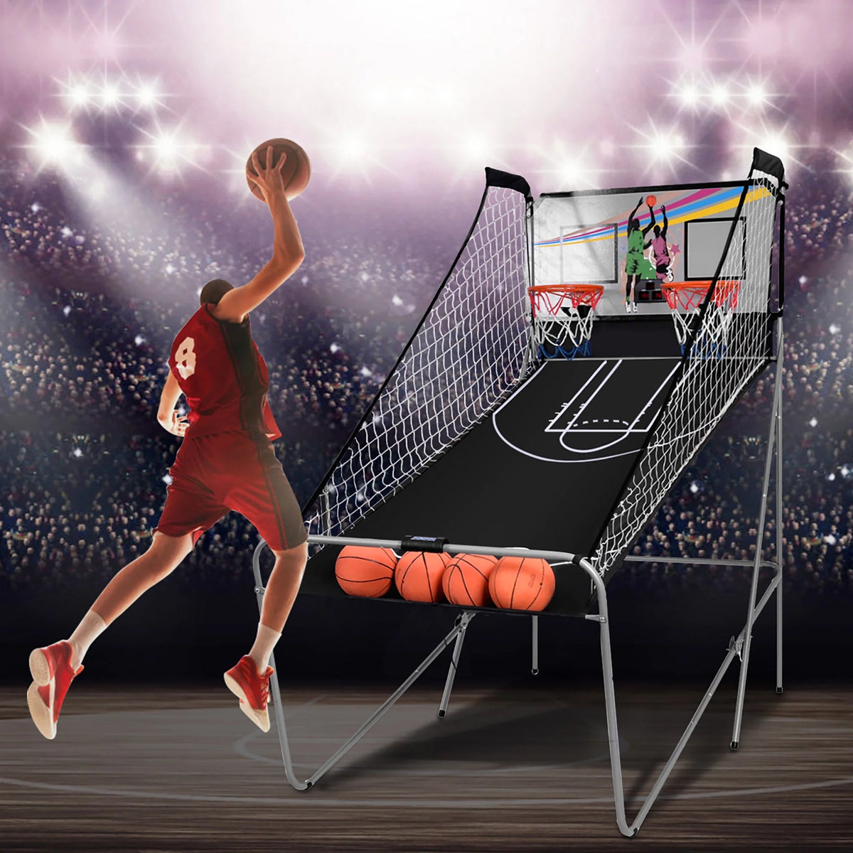 Costway Double Shot Electronic Basketball Arcade Game, 8 Game Modes, 4 Balls, Grey
