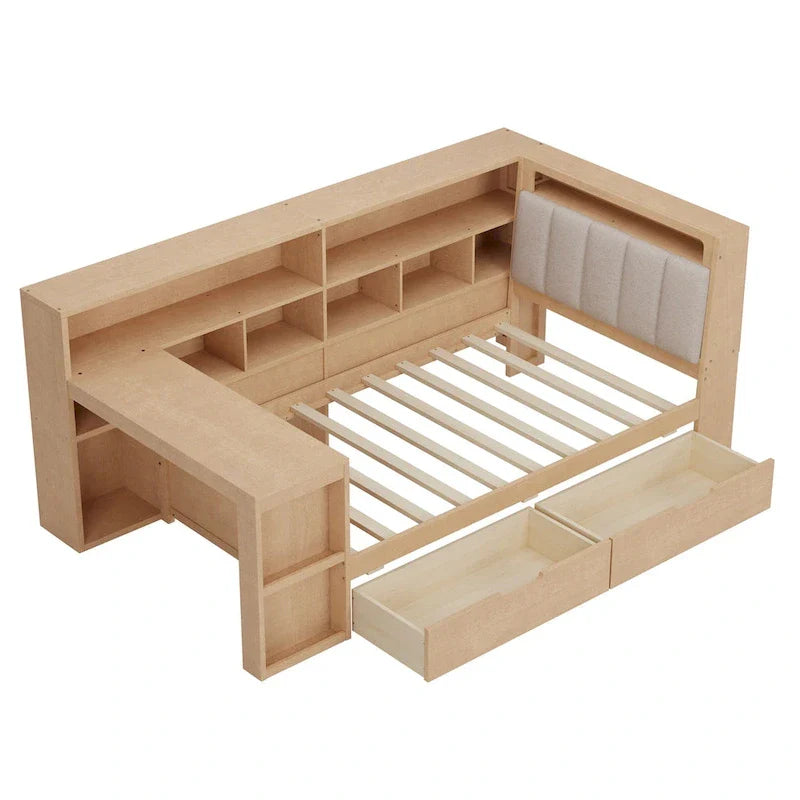 Ivery Furniture L-Shaped Wooden Twin/Full Daybed With Desk, Bookcase, Drawers And RGB Light - Natural/White