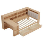 Ivery Furniture L-Shaped Wooden Twin/Full Daybed With Desk, Bookcase, Drawers And RGB Light - Natural/White