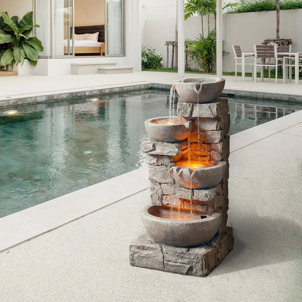 Teamson Home Outdoor Stacked Stone Tiered Water Fountain With LED Lights, Gray - 33.25in