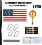 Service First Telescoping Flagpole Kit, 25FT, Black, 3x5 Printed USA Flag - Freedom Edition
