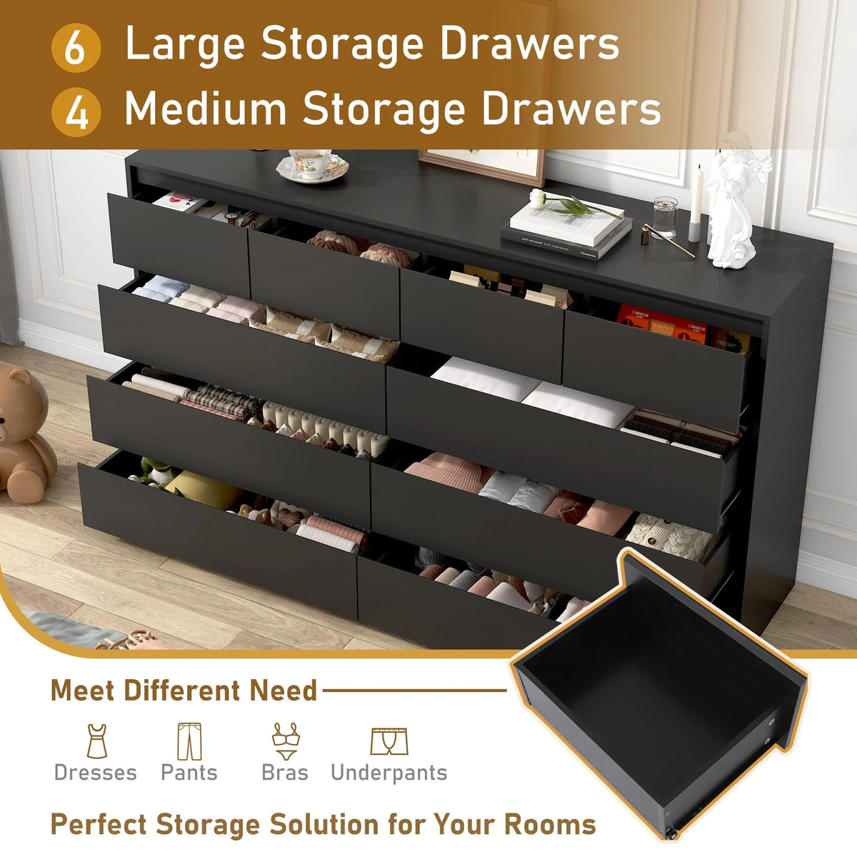 ChVans 9-Drawer Dresser With Charging Station, Black, 63in x 15.7in x 31.5in
