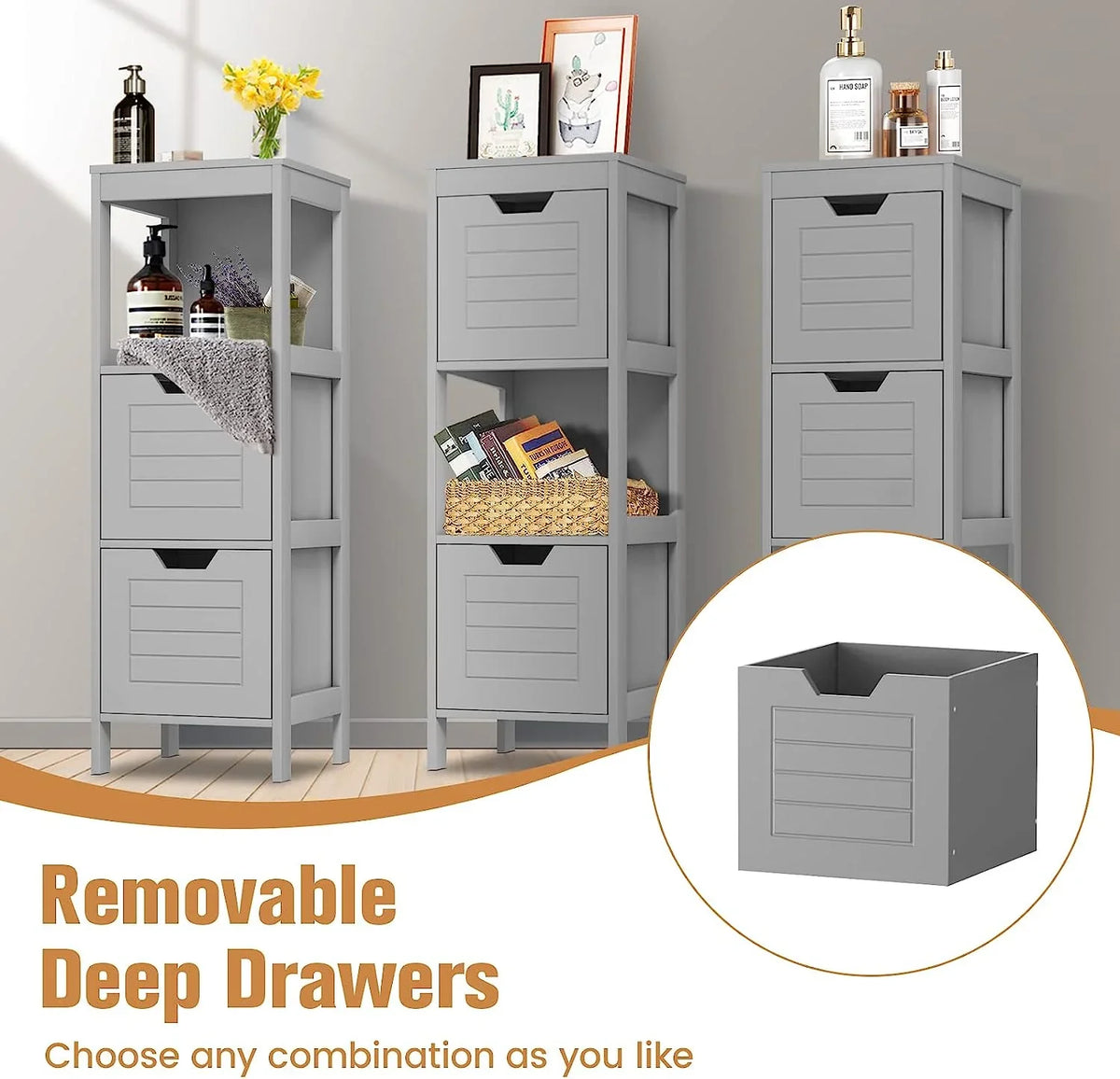 Freestanding Wooden Bathroom Storage Cabinet With 2 Adjustable Drawers - Gray