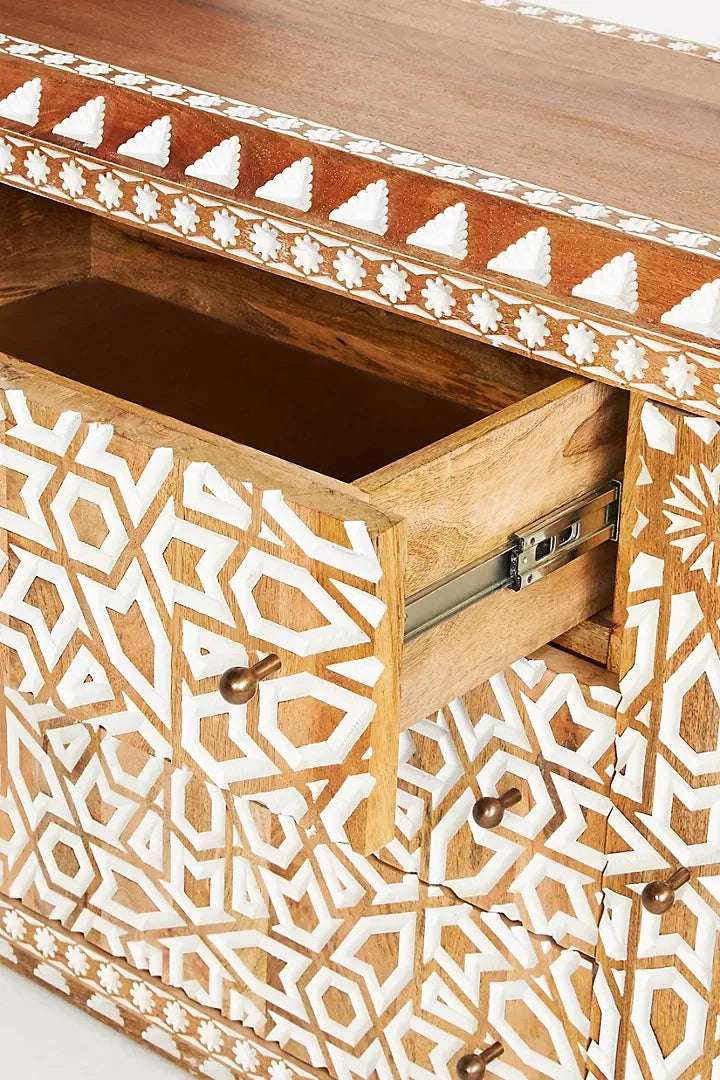 Handcarved Tropical Hardwood Buffet Cabinet, 72in W x 19in D x 30in H - Brass-Finished Iron Hardware
