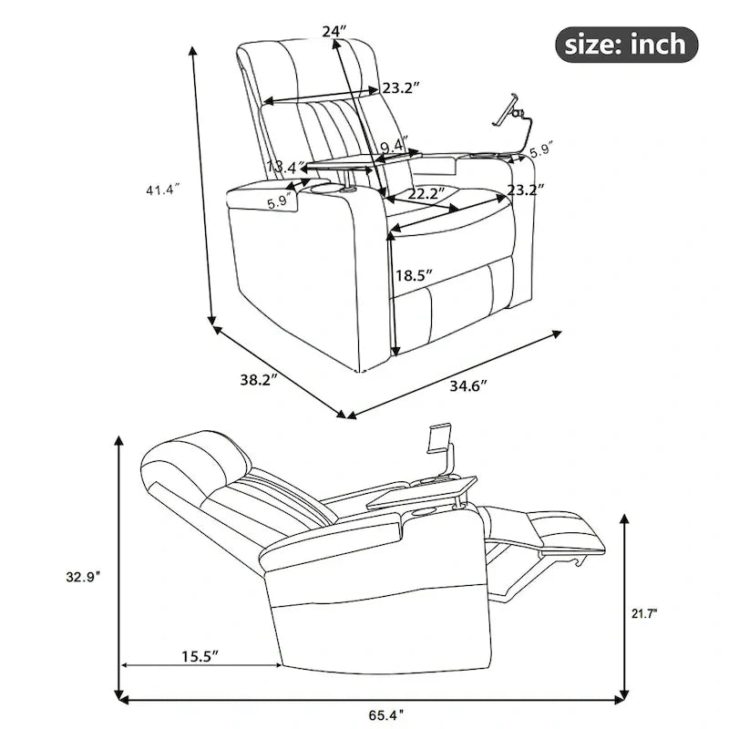 Power Home Theater Recliner Chair, 34.6 D x 38.2 W x 41.4 H, 110-160 Recline, 270 Swivel