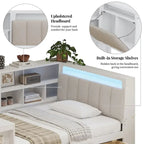 Ivery Furniture L-Shaped Wooden Twin/Full Daybed With Desk, Bookcase, Drawers And RGB Light - Natural/White