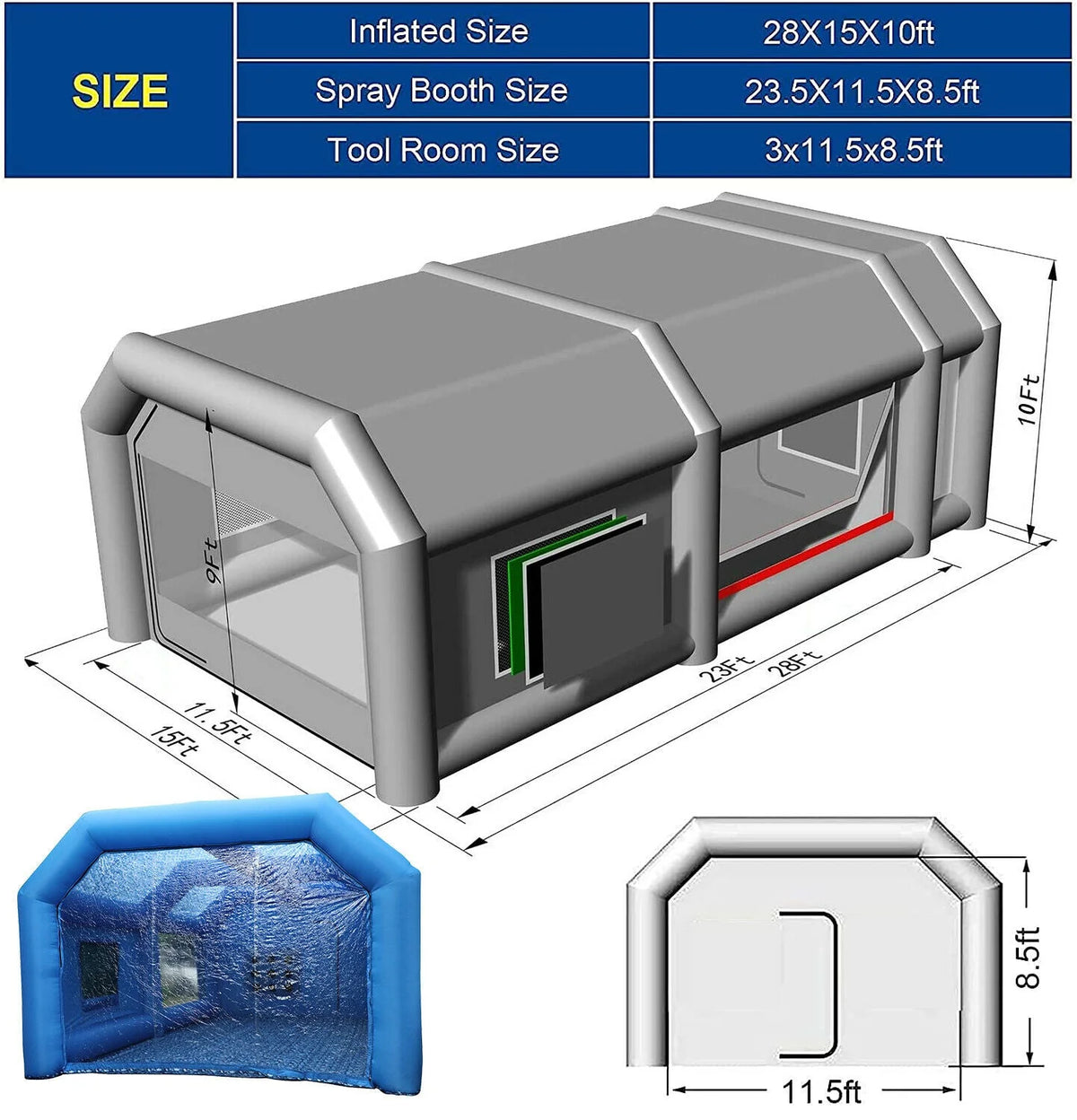 Urbanest Inflatable Spray Paint Booth 28x15x11FT With 2 Blowers - 950W And 350W