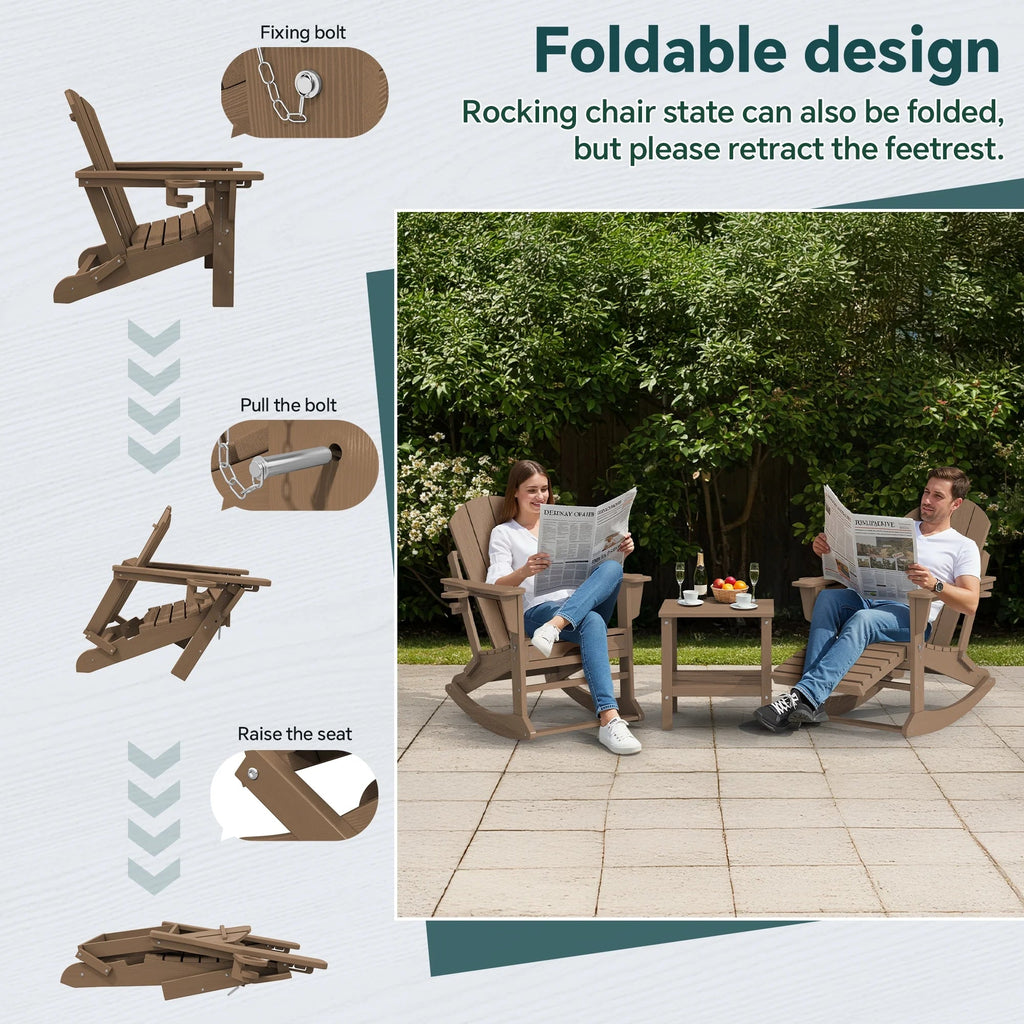 KINGYES Folding Adirondack Rocker Chair Set Of 2 With Footrest And Dual Cup Holders - Black
