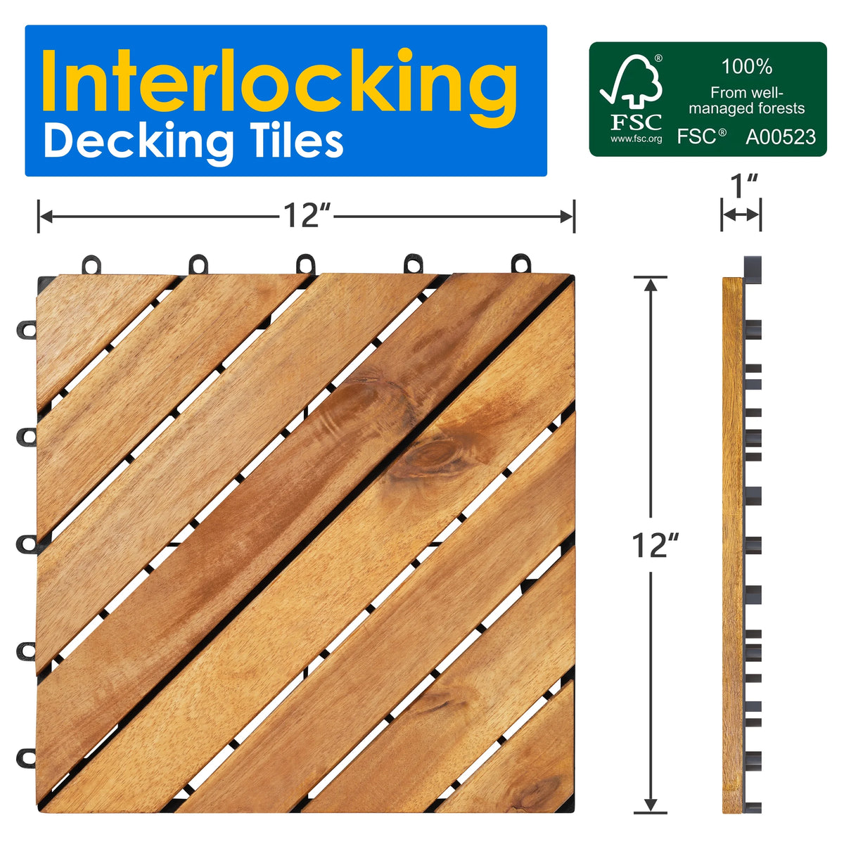 TrumanPick 27 PCS Interlocking Acacia Wood Deck Tiles, 12 in L x 12 in W, Brown Diagonal
