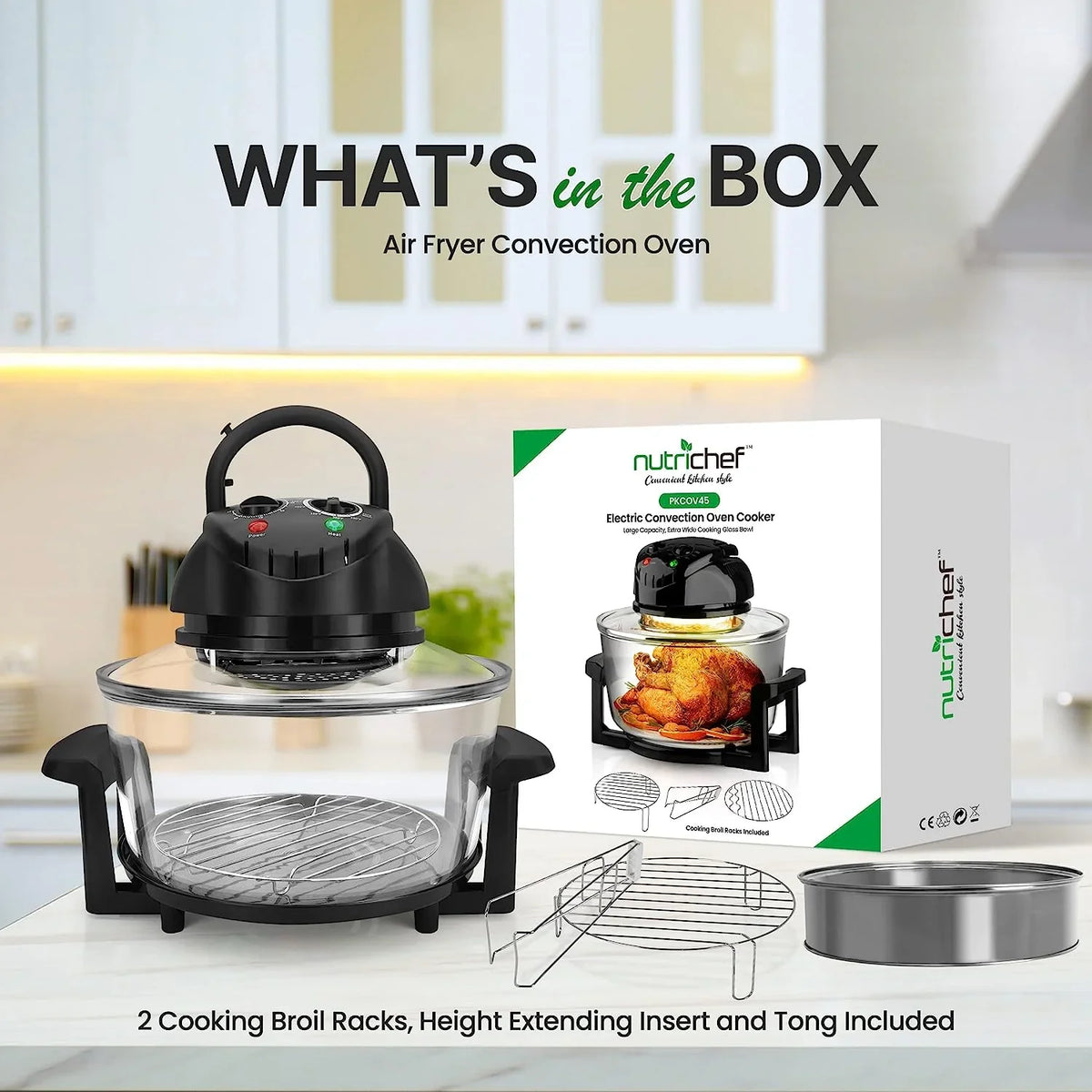 18 Quart Convection Countertop Air Fryer With Glass Bowl, Broil Rack And Toasting Rack