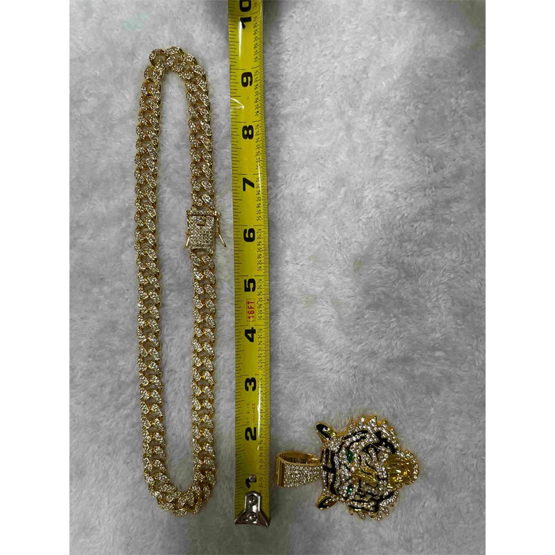 Tiger Head Pendant Necklace With Green Eyes, 13mm Cuban Link Chain, 20in - Gold Or Silvery
