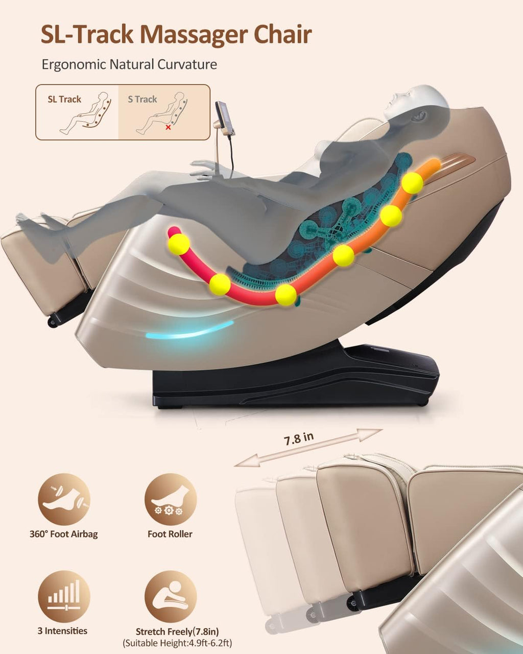 RELX Full Body Zero Gravity SL-Track Shiatsu Massage Chair, Cream