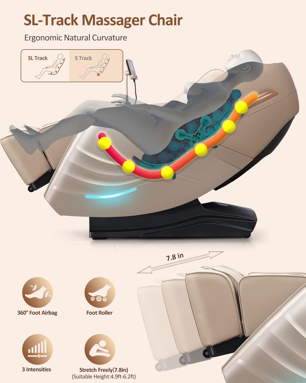 RELX Full Body Zero Gravity SL-Track Shiatsu Massage Chair, Cream