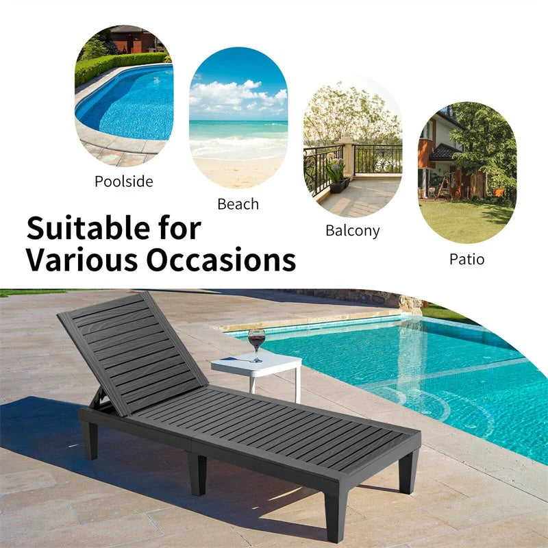 Outdoor Patio Chaise Lounge Chair Recliner - Adjustable 5 Positions, Wood Texture Design