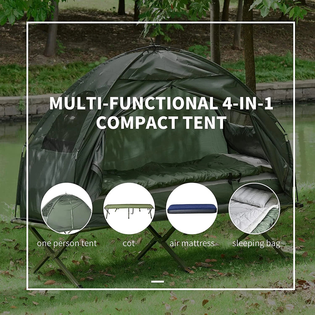 Outsunny Folding Camping Cot Tent Set With Sleeping Bag And Air Mattress, Green, 76in L x 32in W x 41in H - B2-0006
