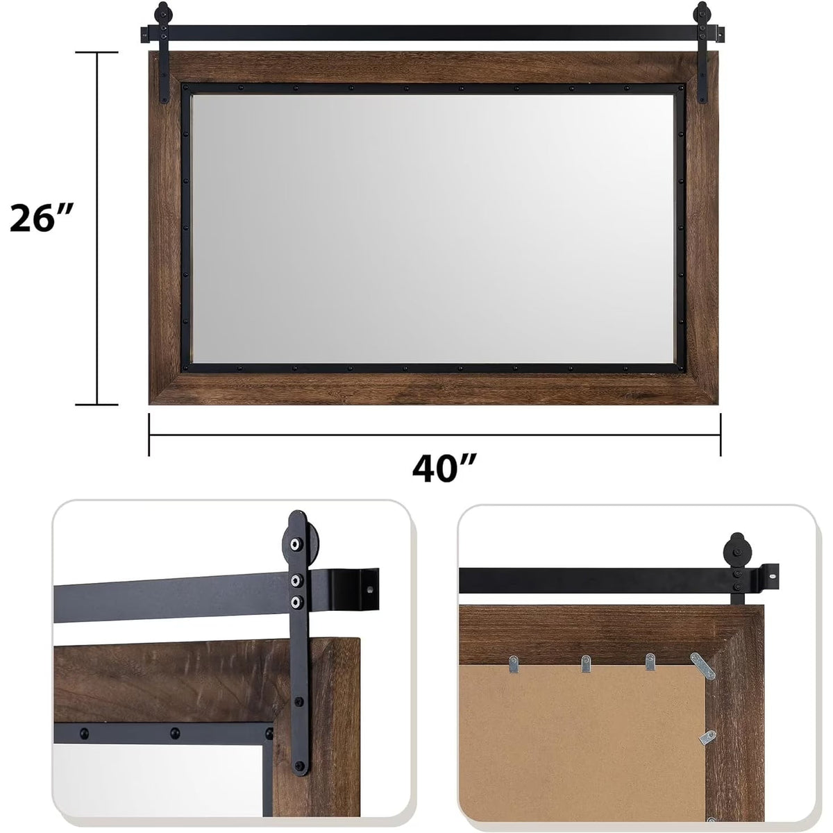 COSMOGO Farmhouse Barn Door Style Natural Wood Bathroom Vanity Wall Mirror 24 x 32 in