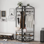 DONFU Corner Hall Tree With Shoe Bench, 10 Movable Metal Hooks, Greige