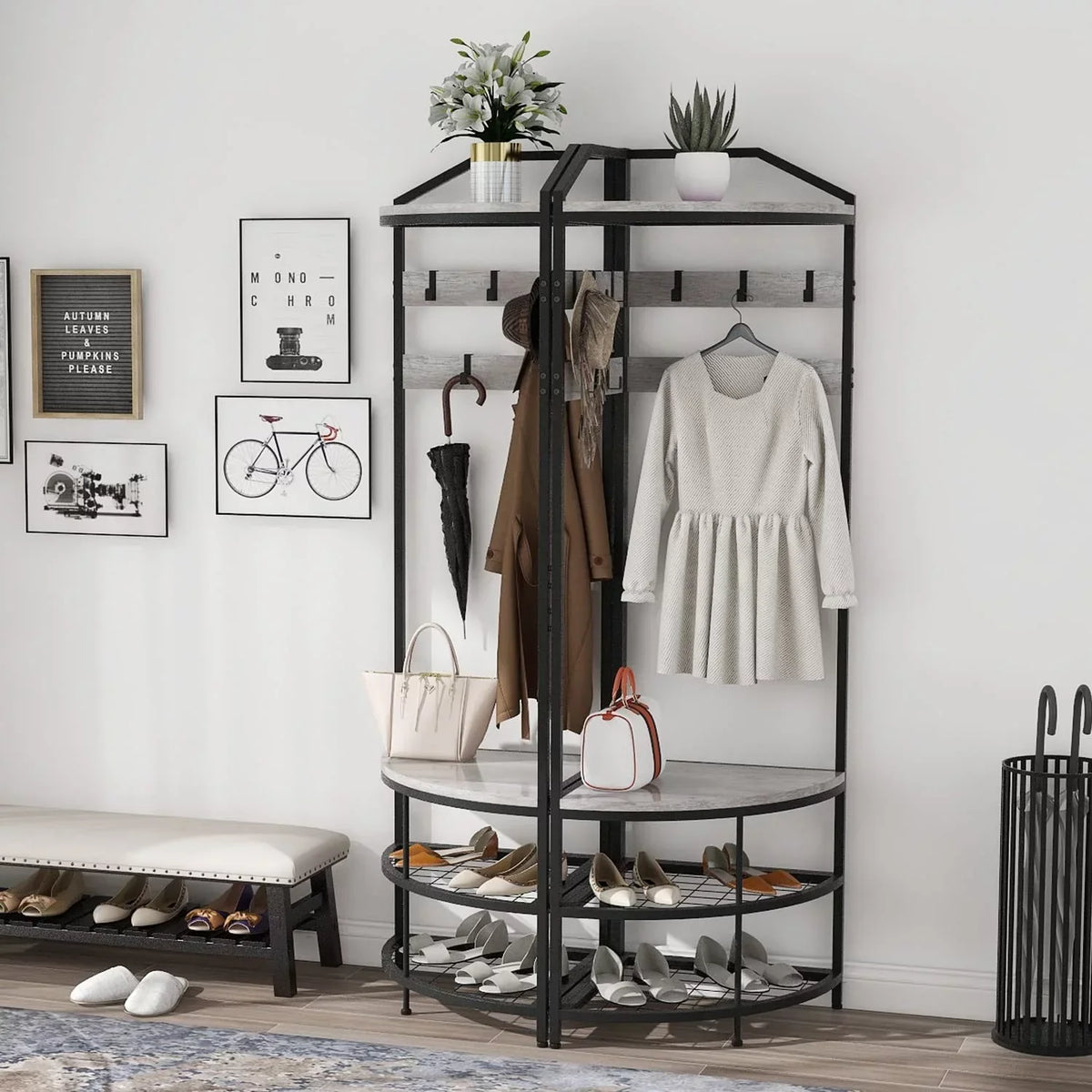 DONFU Corner Hall Tree With Shoe Bench, 10 Movable Metal Hooks, Greige
