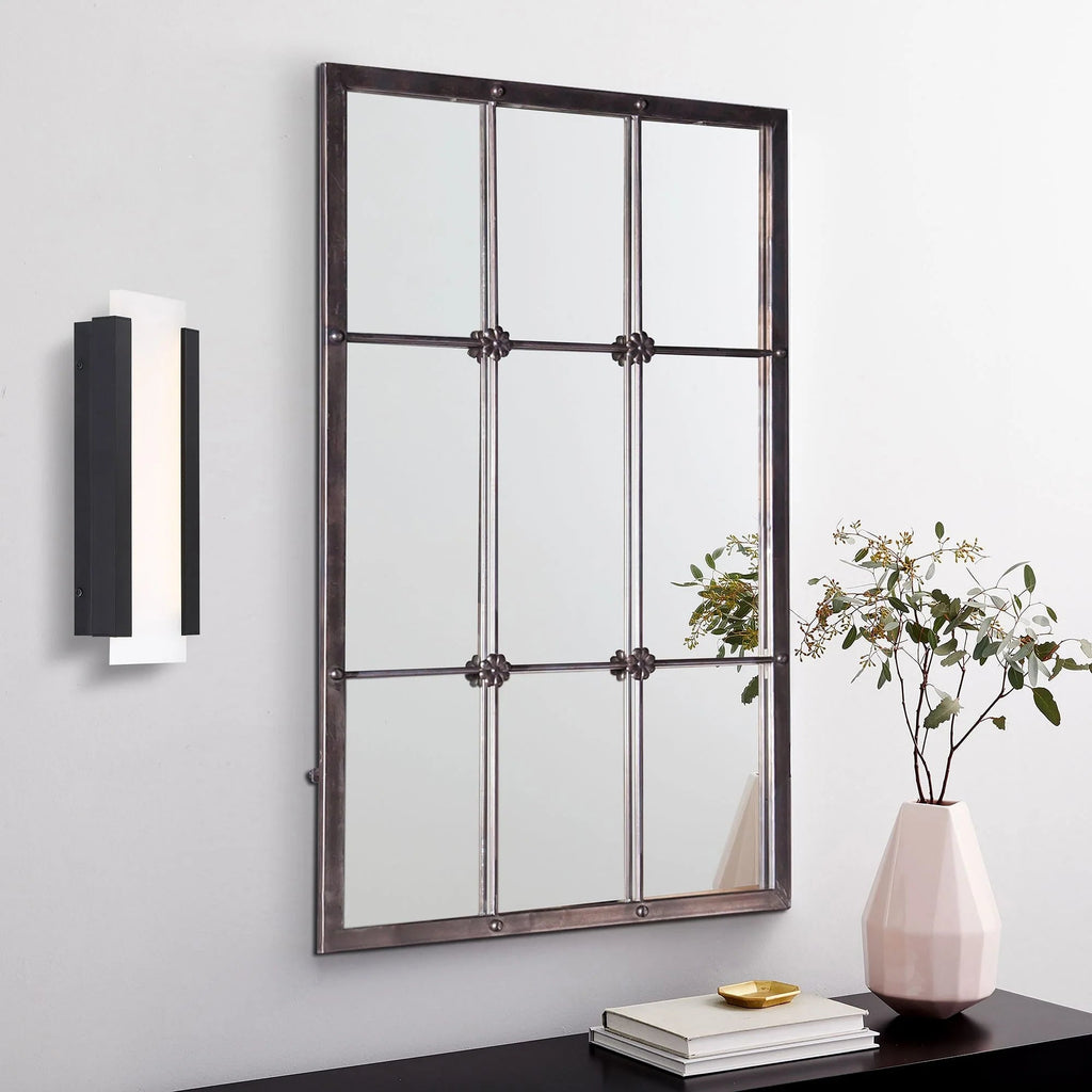 Rustic Brown Windowpane Wall Mirror With Metal Frame, 37.75 in H x 23.8 in W