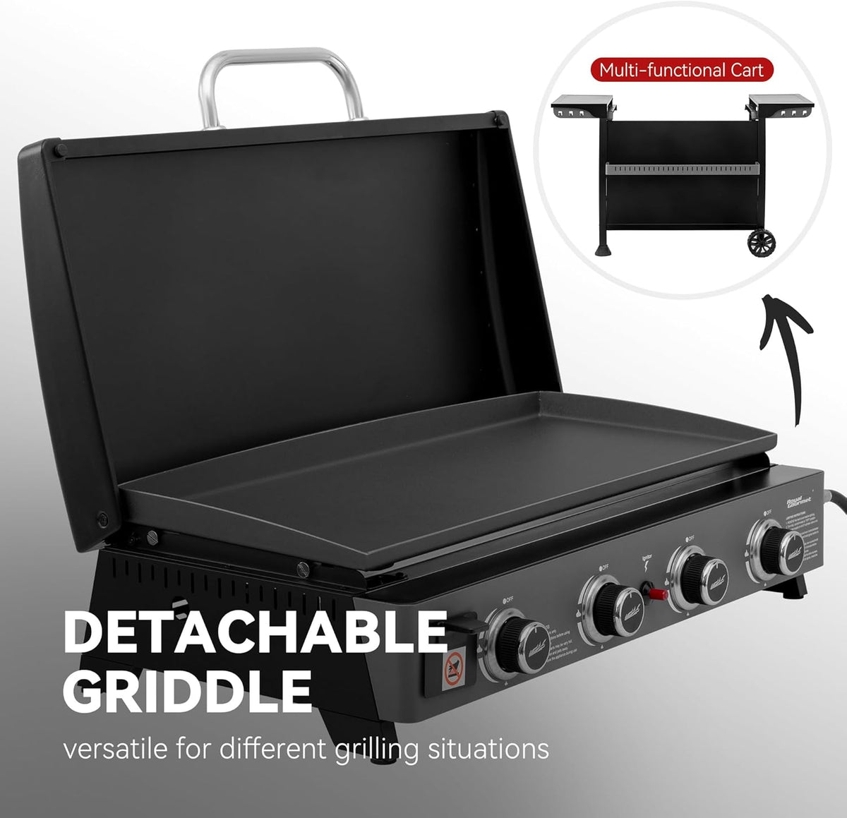 Royal Gourmet 30-Inch 4-Burner Propane Gas Griddle With Convertible Cart And Hood - PD4001
