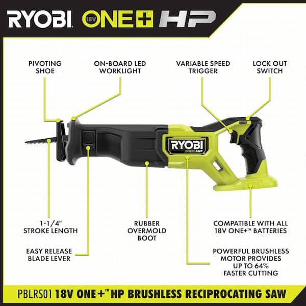 RYOBI ONE+ HP 18V Brushless Cordless Reciprocating Saw Kit With 4.0 Ah Battery And Charger - PBLRS01B